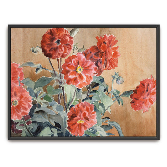 Red dahlias in a vase by Hannah Borger Overbeck