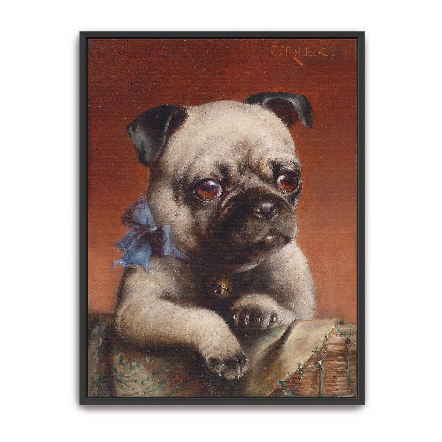 Portrait Of A Pug With A Blue Bow By Carl Reichert