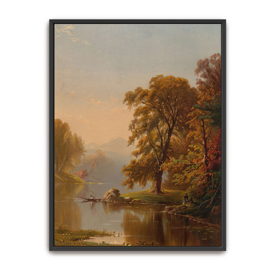 Autumn lake scene with boat and figures by Alfred Thompson Bricher