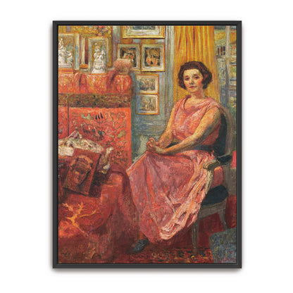 Woman In Pink Dress Sitting In Interior With Pictures By Édouard Vuillard