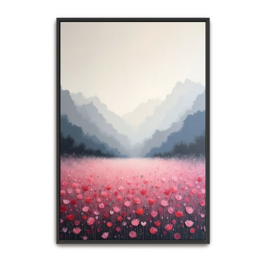 Pink Flower Field In Misty Mountains By Yara Rabibzad