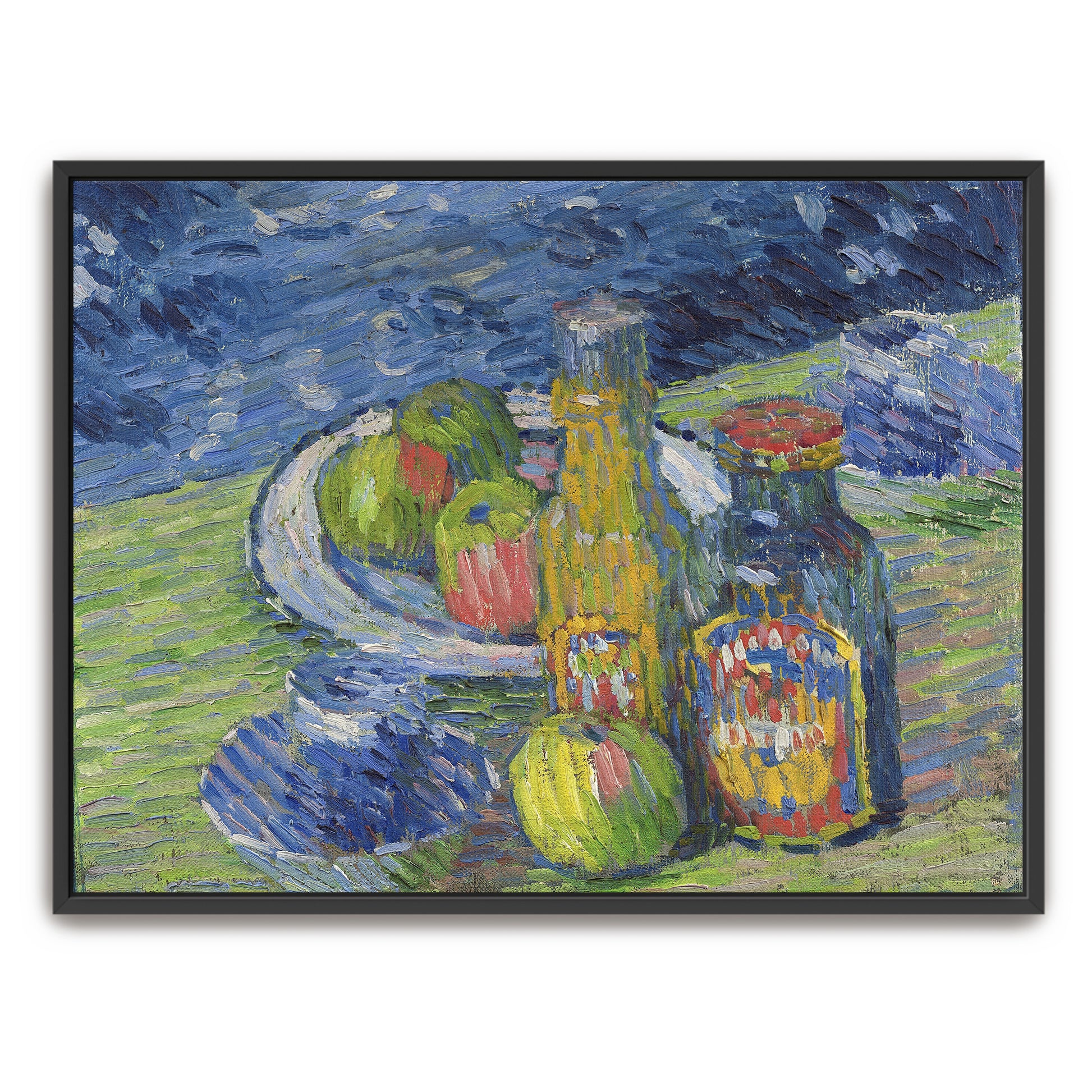 Still Life With Bottles And Fruit In A Blue Landscape By Alexej Von Jawlensky