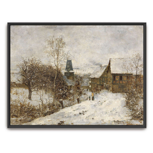 Snowy village scene with houses by Paul Baum