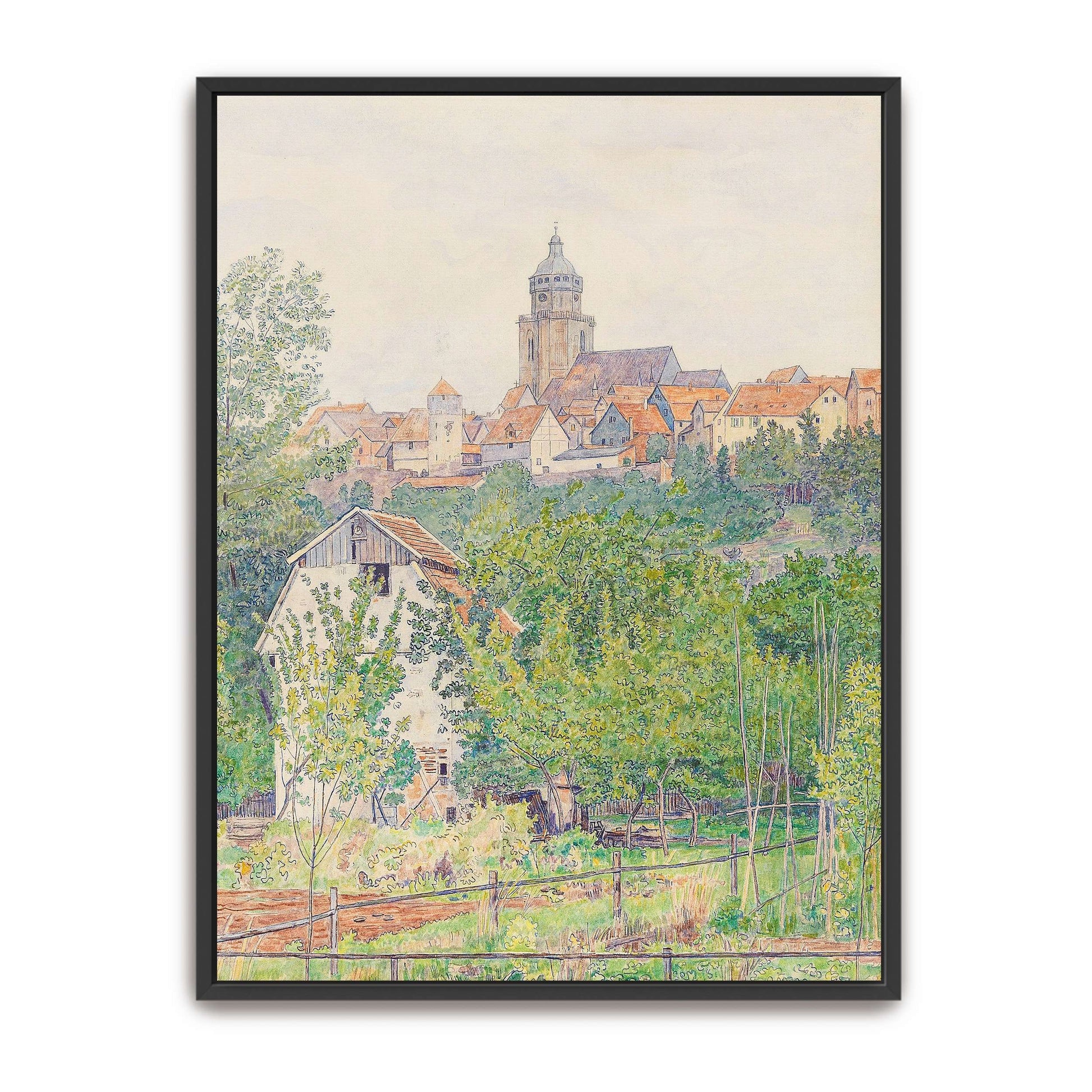 Village landscape with church tower by Paul Baum