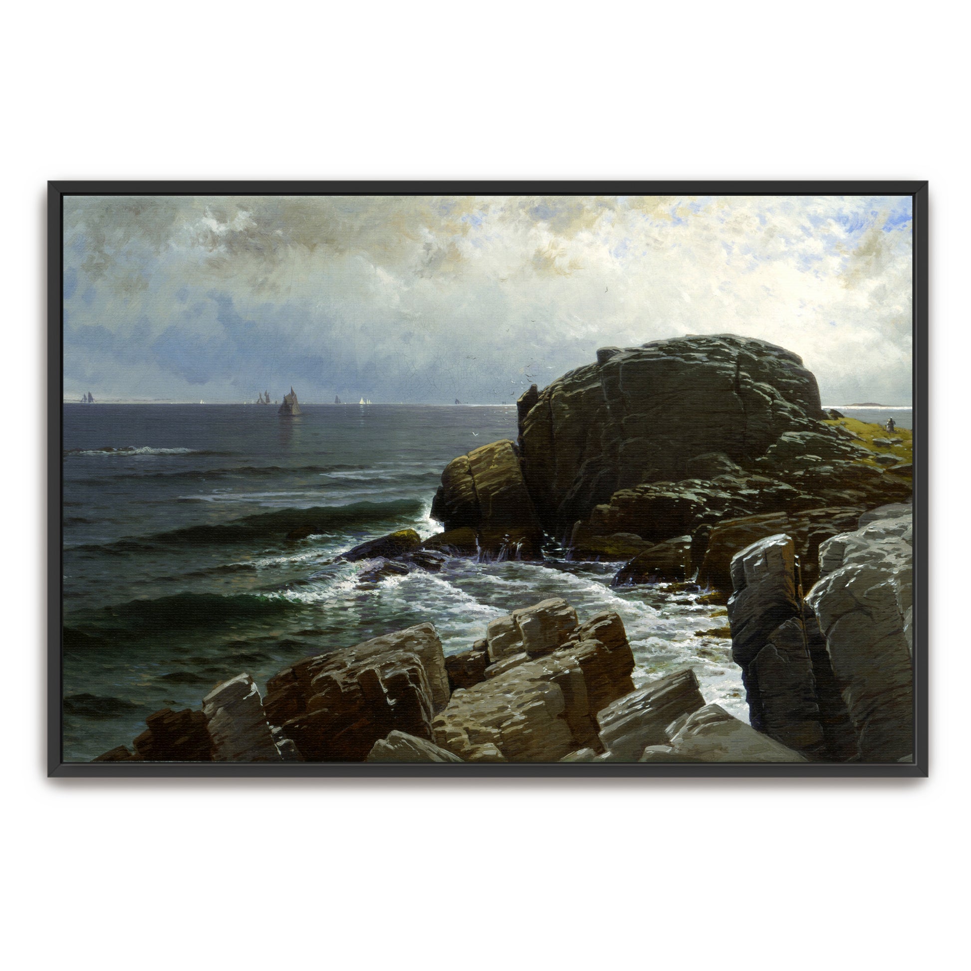 Coastal Rocks And Distant Sailboats Under Cloudy Sky By Alfred Thompson Bricher