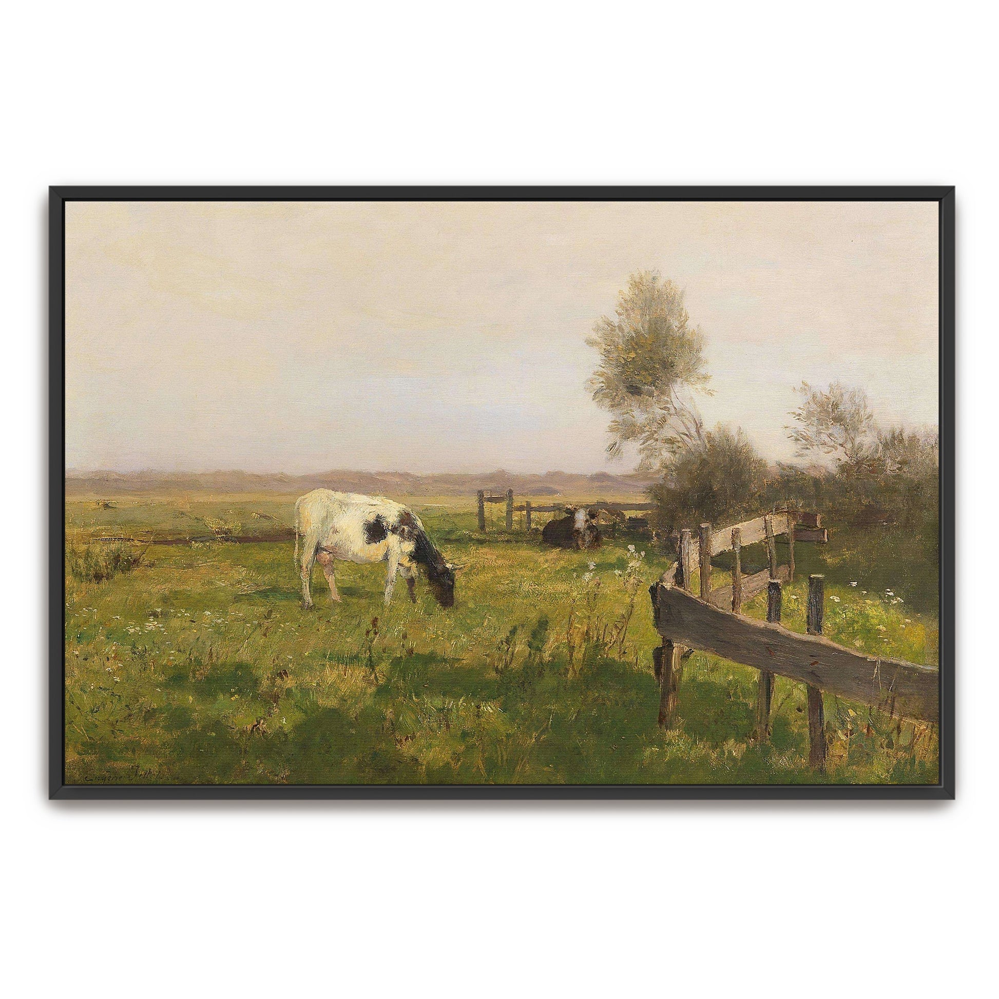 Cows Grazing In A Field With A Wooden Fence By Eugen Jettel