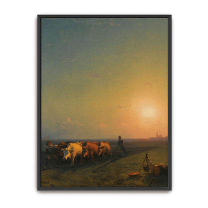 Sunset landscape with cows and farmers by Ivan Konstantinovich Aivazovsky