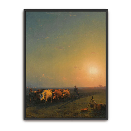 Sunset landscape with cows and farmers by Ivan Konstantinovich Aivazovsky