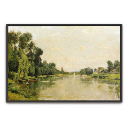 River Landscape With Fisherman And Sailboat By Stanislas Lépine