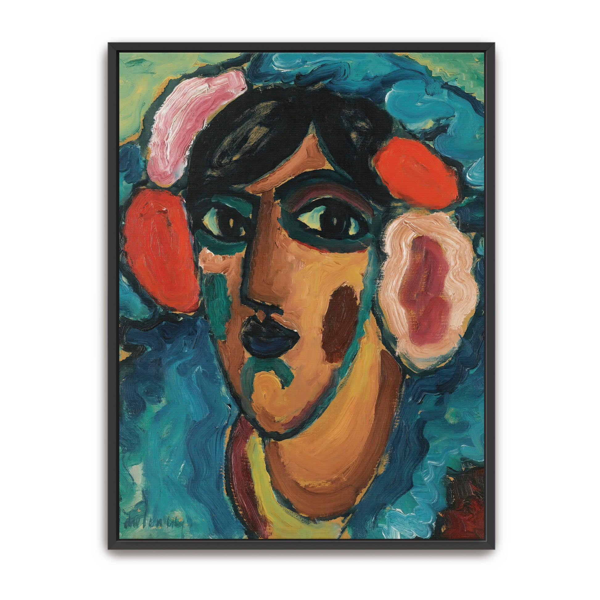 Woman With Flowers In Blue Dress Portrait By Alexej Von Jawlensky