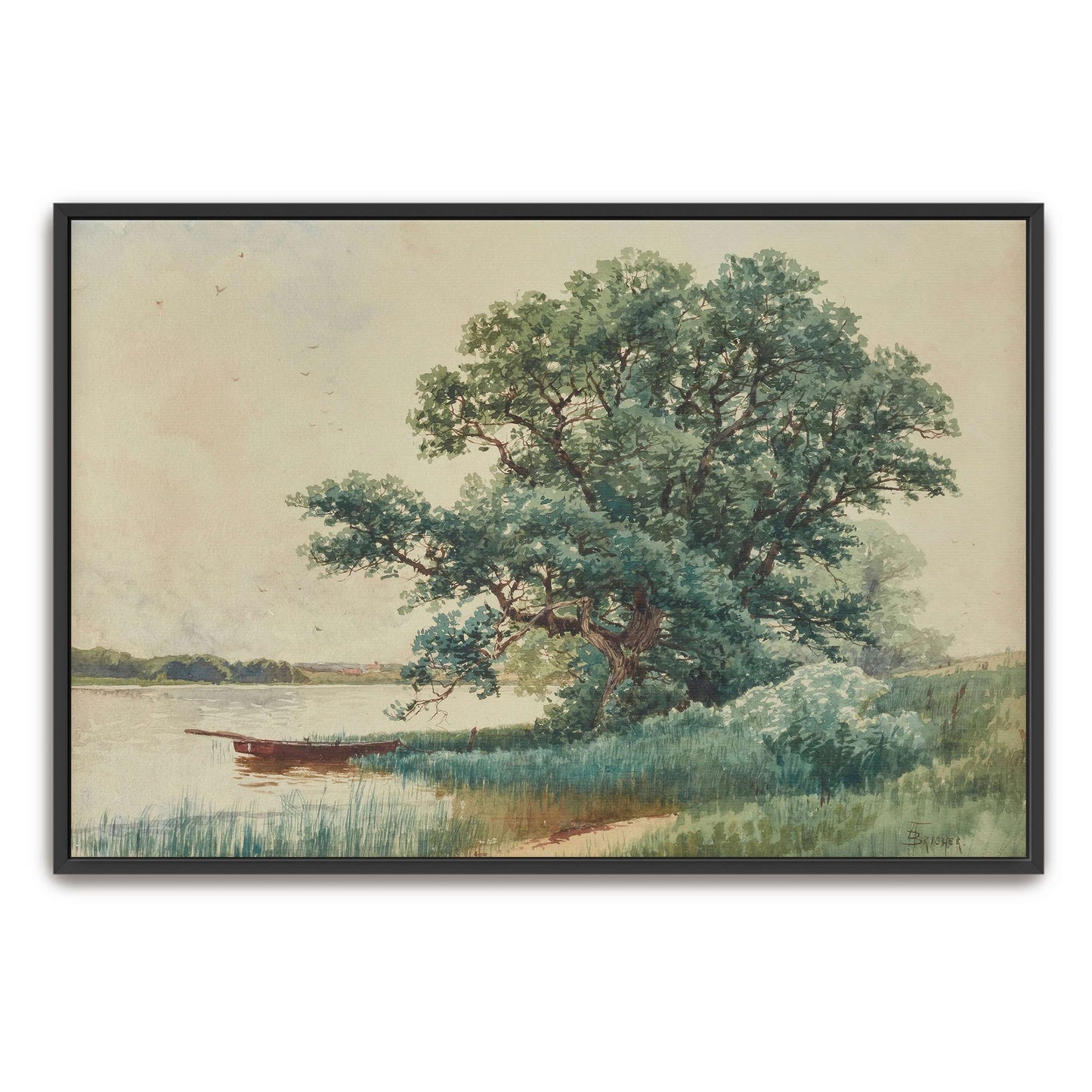 A boat on a river bank under a tree by Alfred Thompson Bricher