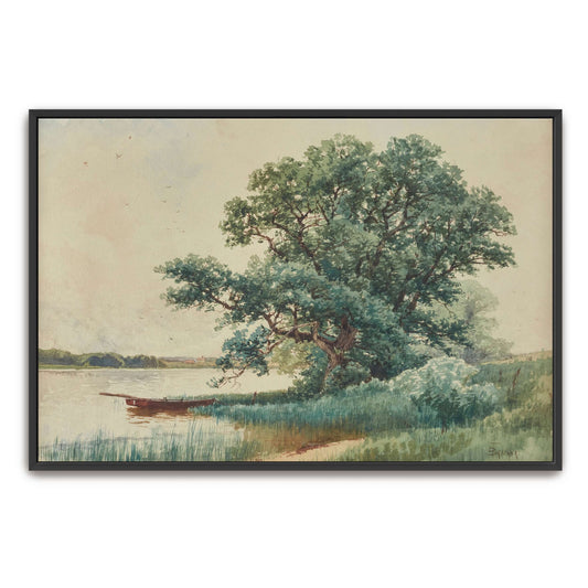 A boat on a river bank under a tree by Alfred Thompson Bricher