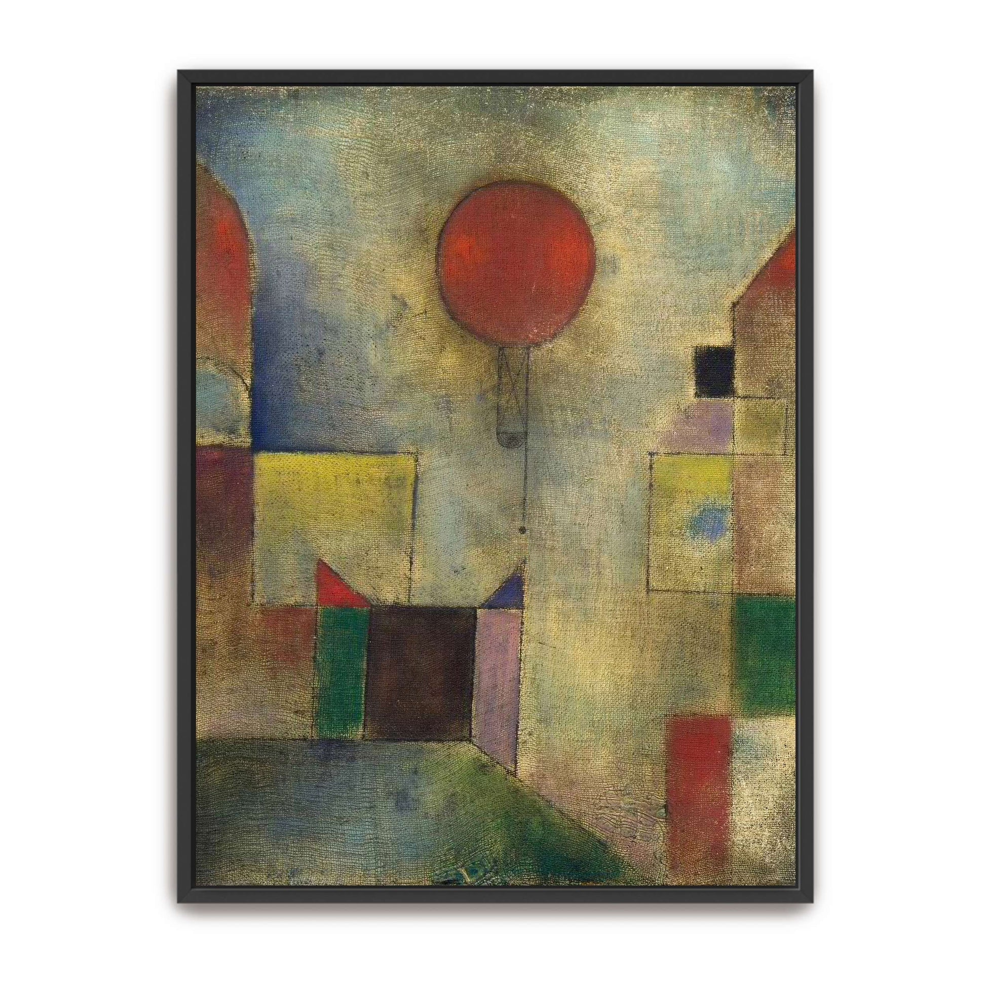 Red balloon floating above geometric shapes by Paul Klee