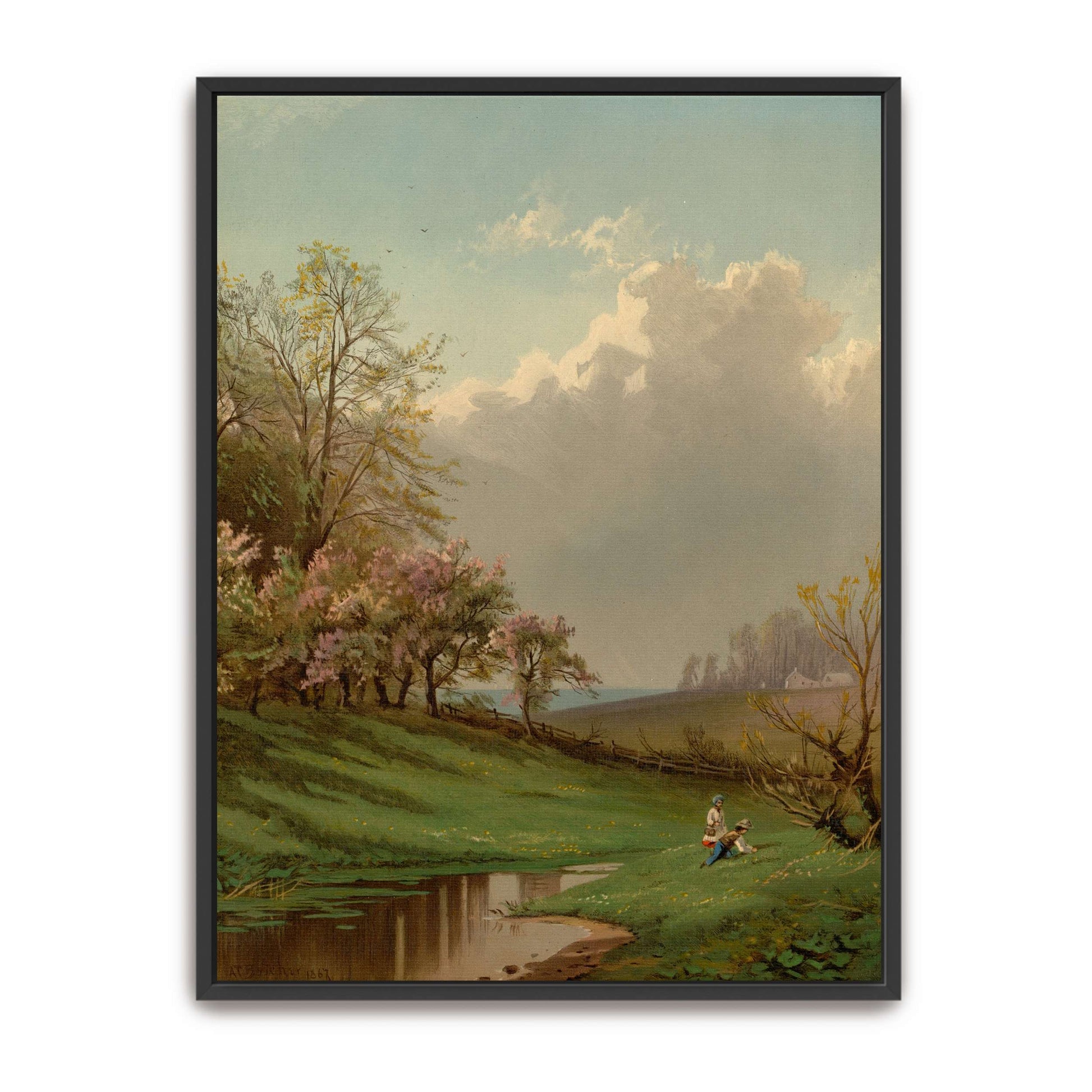 Two children by a stream in a spring landscape by Alfred Thompson Bricher