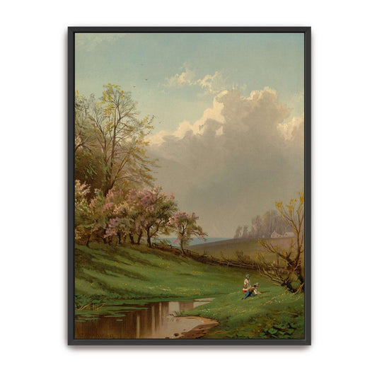 Two children by a stream in a spring landscape by Alfred Thompson Bricher