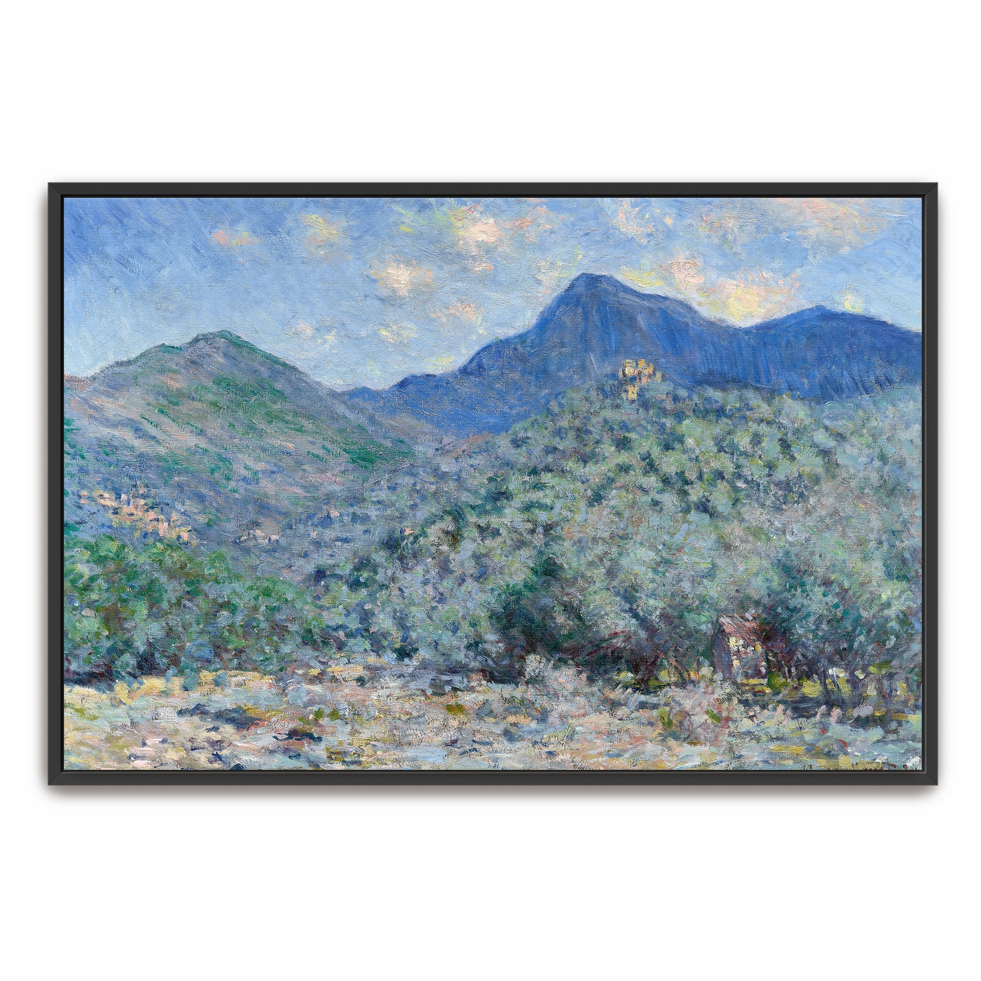 Hillside Village With Blue Mountains Under A Cloudy Sky By Claude Monet