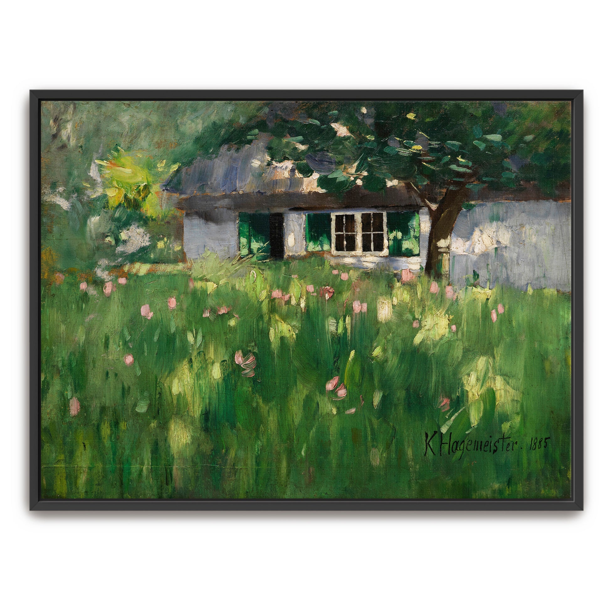 Countryside Cottage With Green Grass And Pink Flowers By Karl Hagemeister