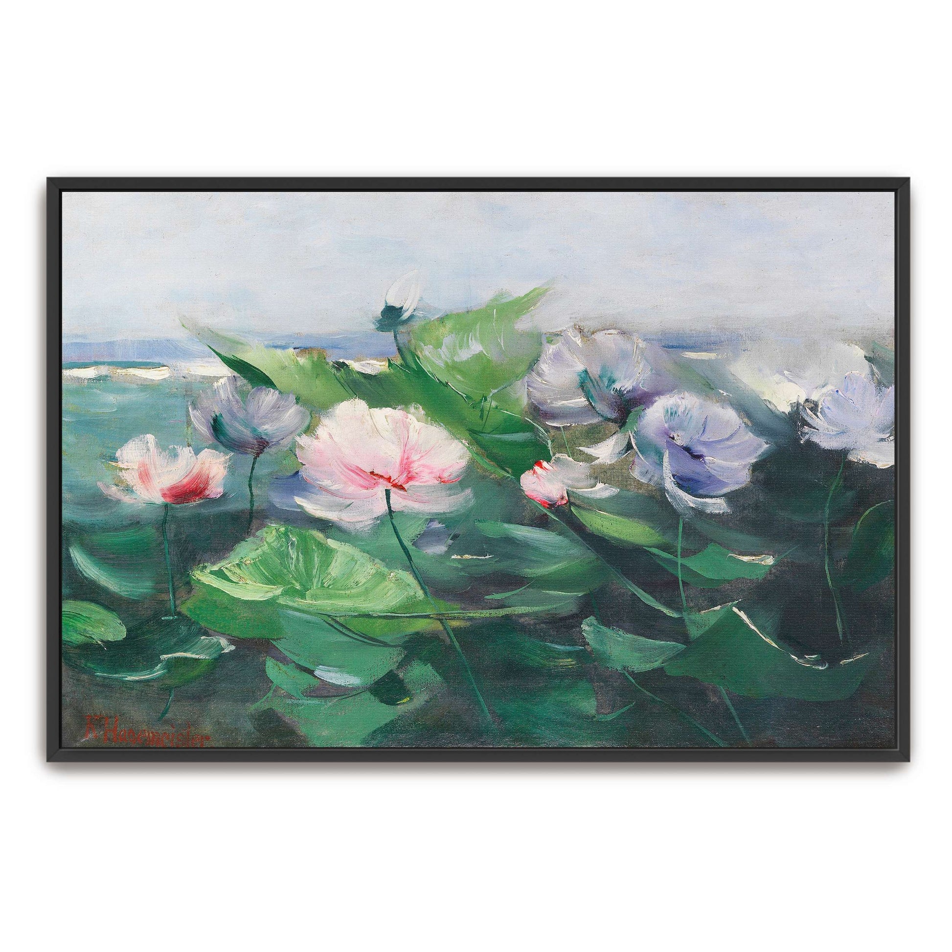 Water lilies in a pond with green leaves by Karl Hagemeister