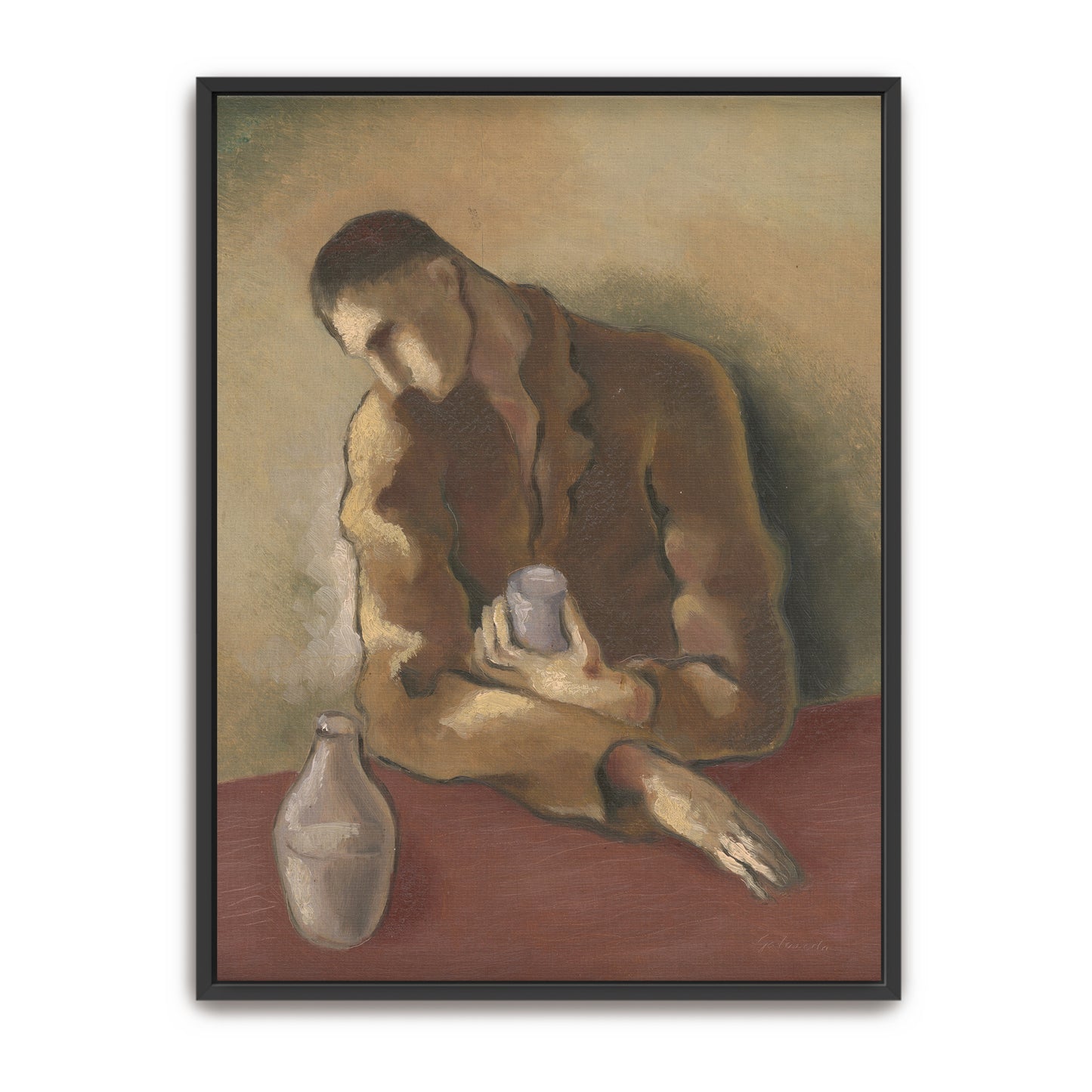 Man With Glass And Bottle, Melancholy Figure, Gloomy Interior By Mikuláš Galanda