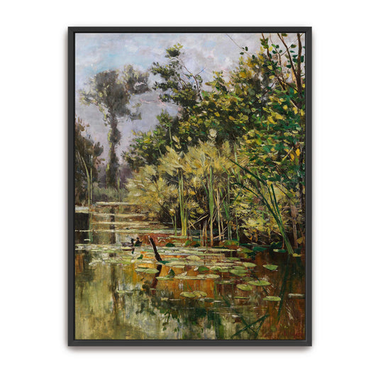 A pond with ducks in a forest by Karl Hagemeister