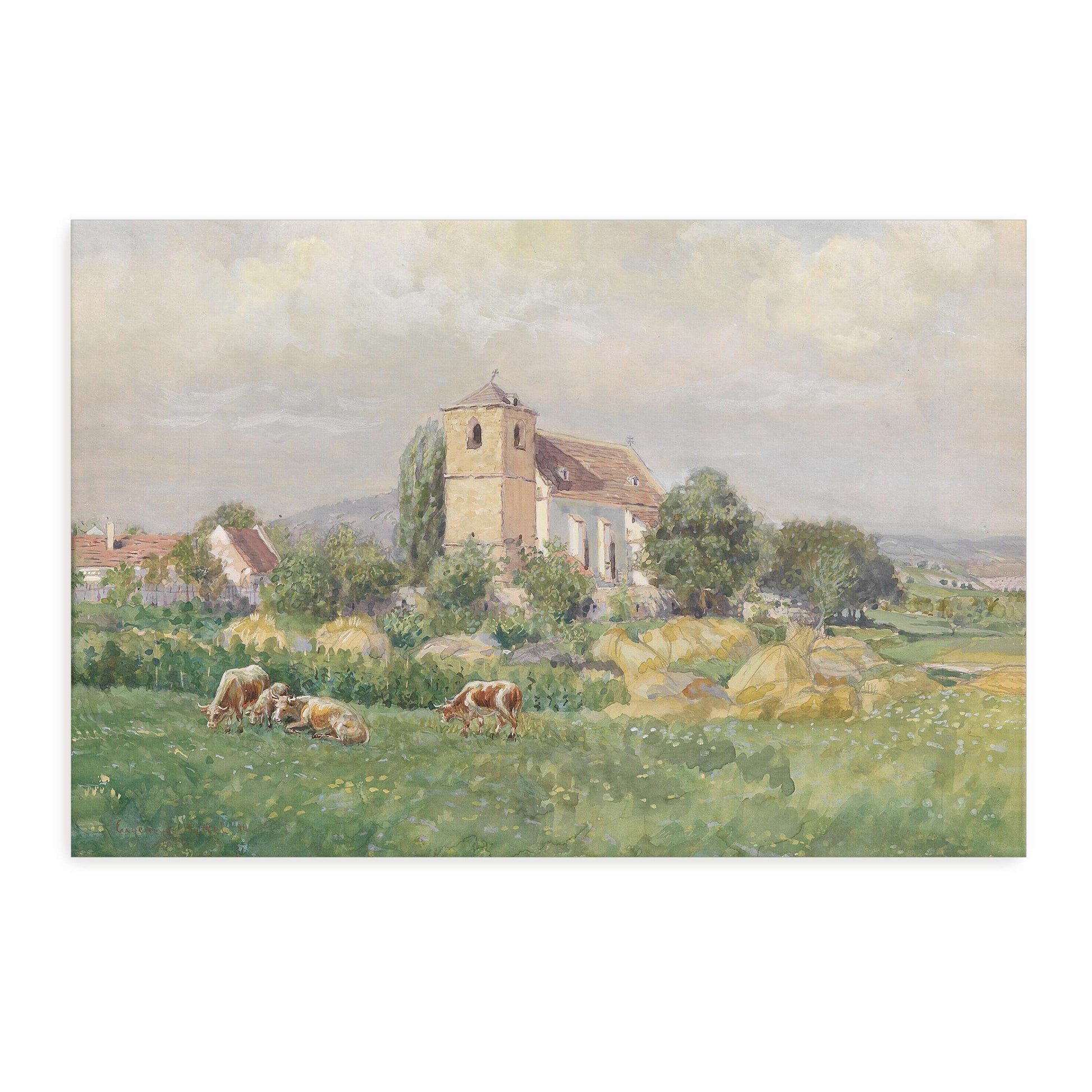 Church and cows in a field by Eugen Jettel