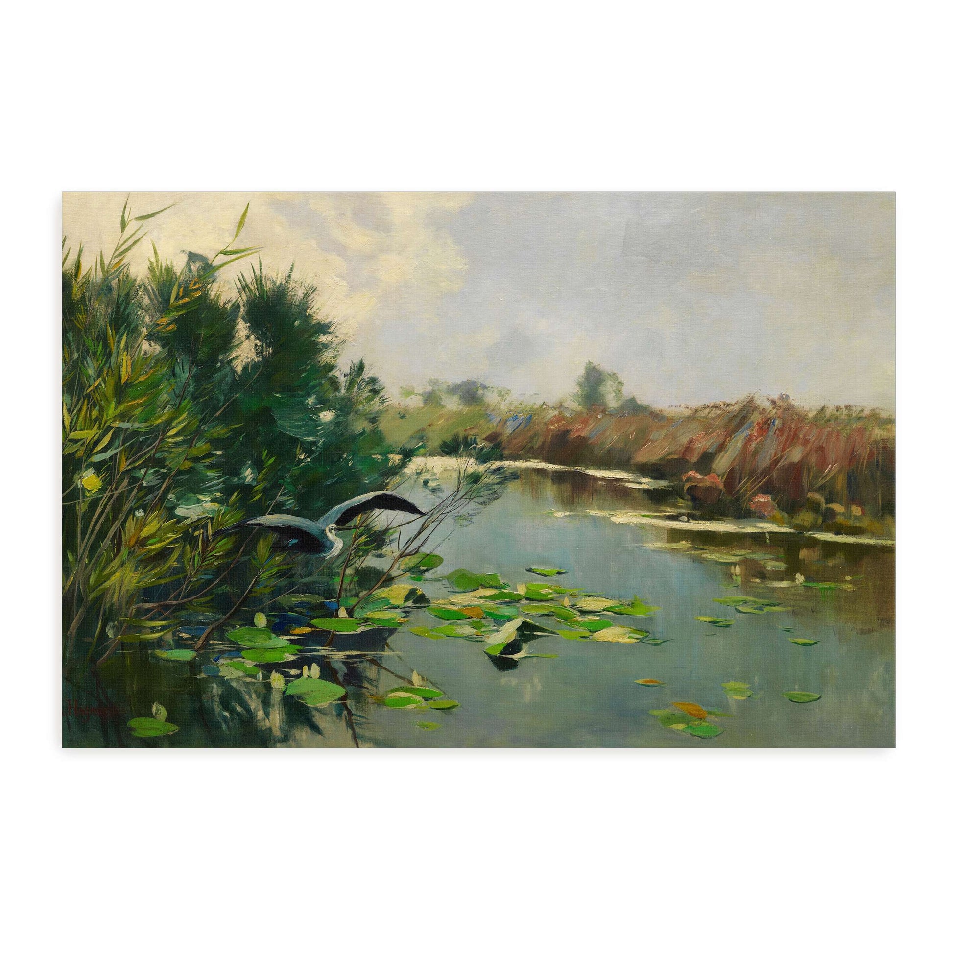 A heron flying over a river by Karl Hagemeister