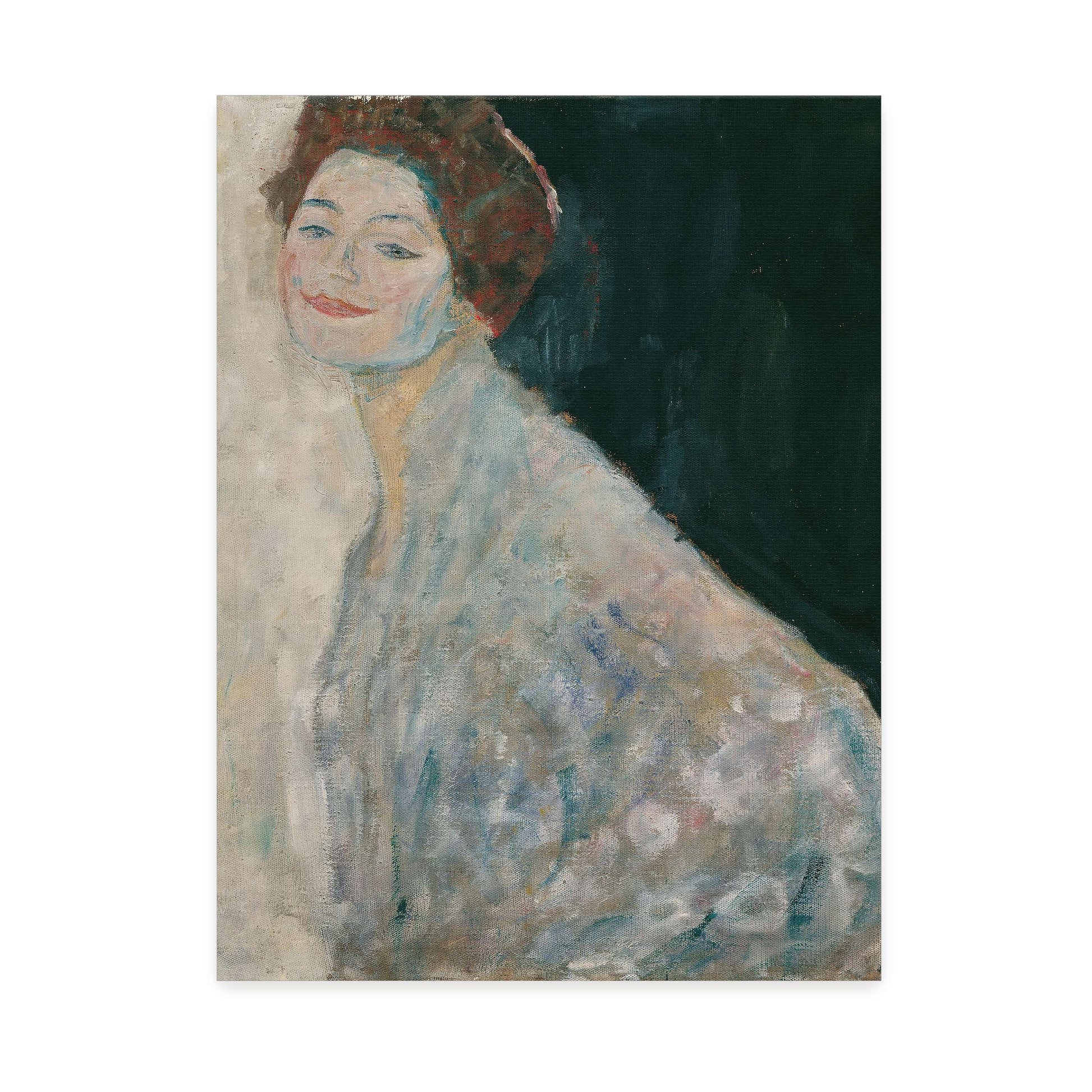A woman in a white dress with a dark background by Gustav Klimt