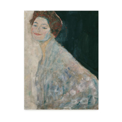 A woman in a white dress with a dark background by Gustav Klimt