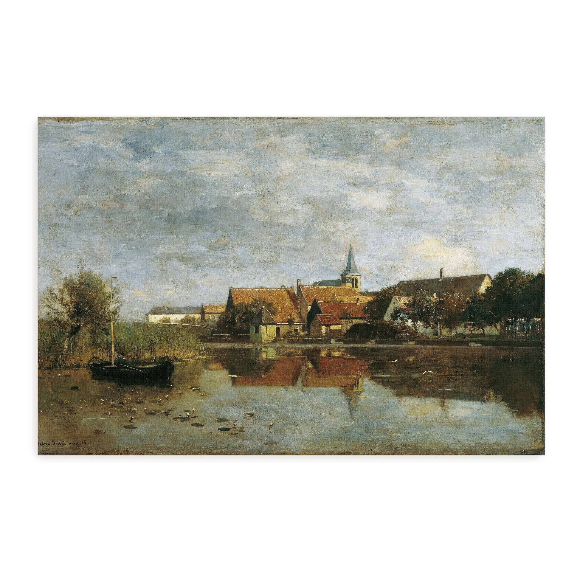 A village by a lake with a boat by Eugen Jettel