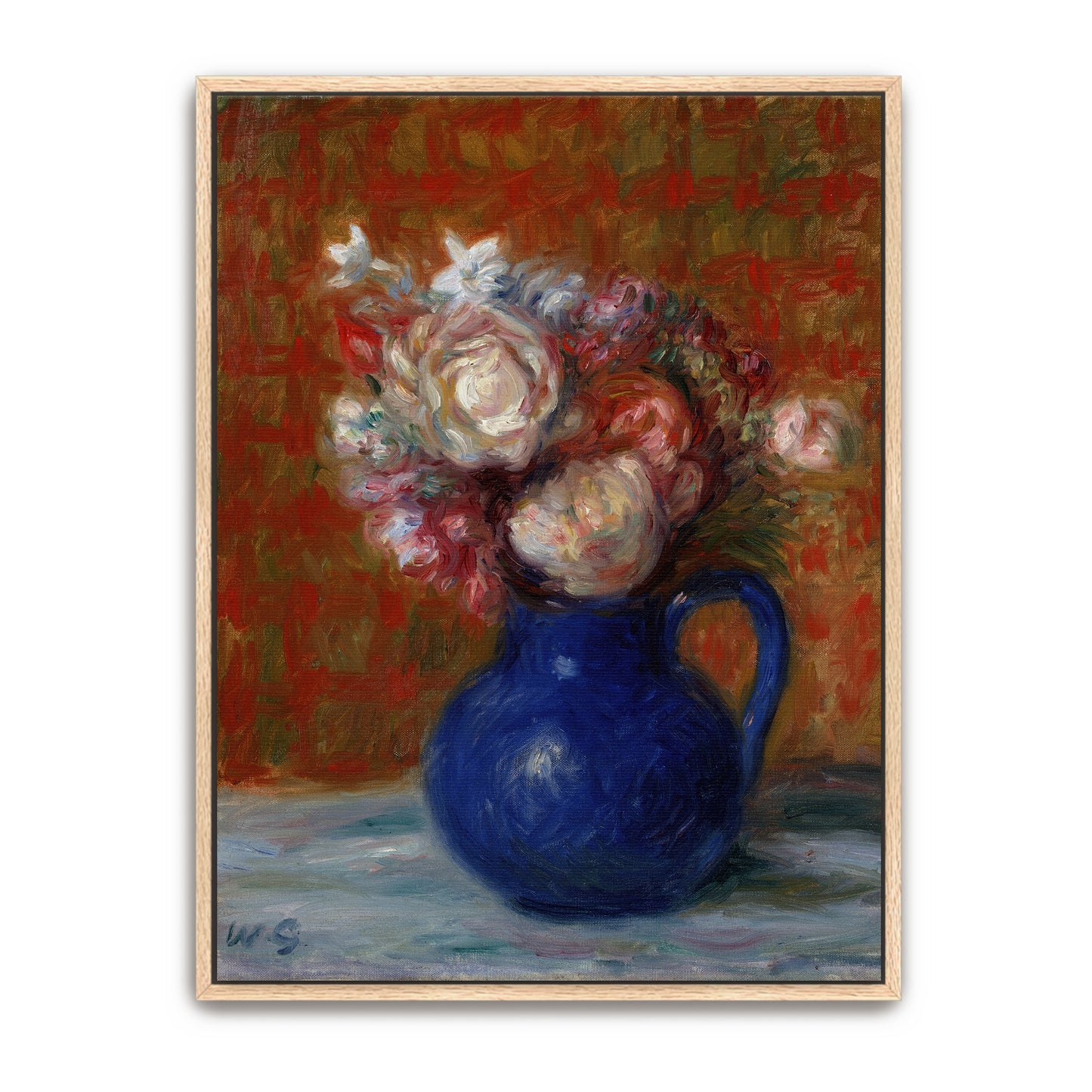 A Blue Jug Filled With White And Pink Flowers By William James Glackens