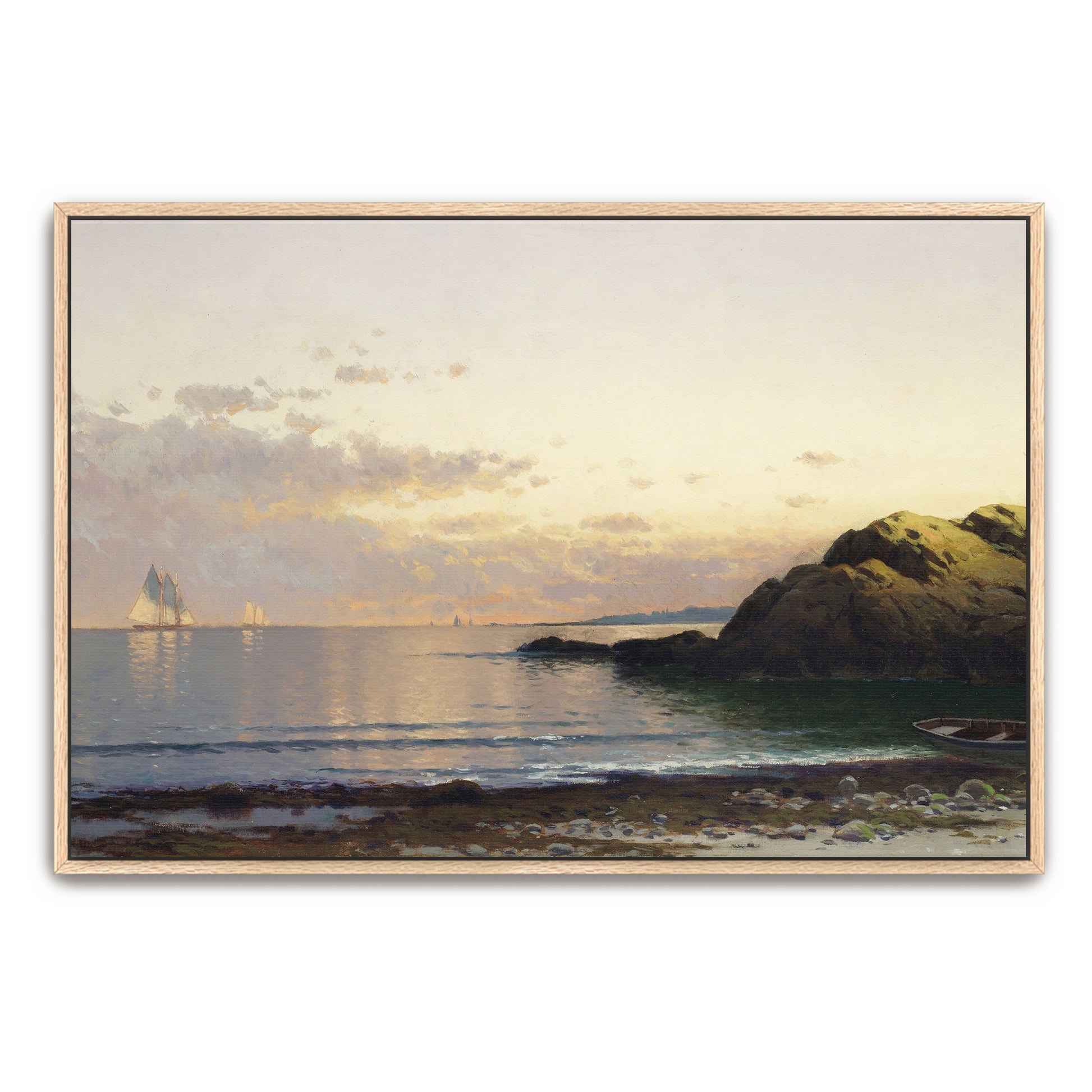 Sailboats On Calm Waters, Rocky Coastline, Sunset Sky By Alfred Thompson Bricher