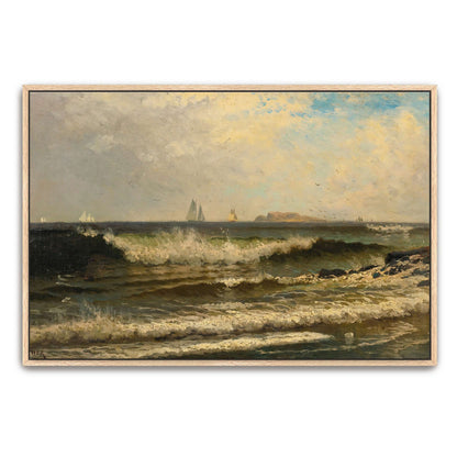 Sailboats on a choppy sea with a rocky shore by Alfred Thompson Bricher