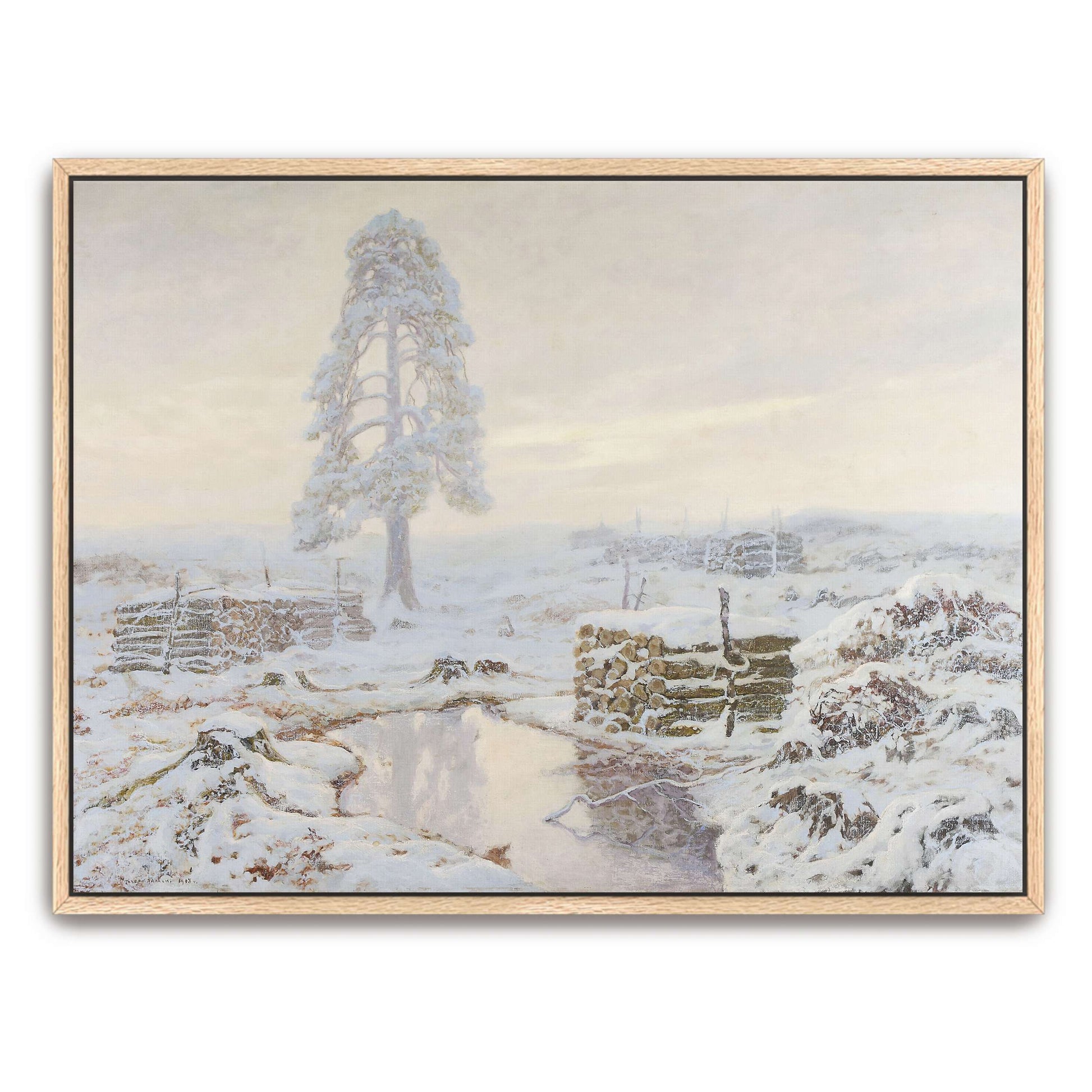 Snowy winter landscape with lone tree by Józef Rapacki