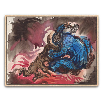 Blue Figure Wrestling With A Dark Creature In A Red And Brown Landscape By Wilhelm Morgner