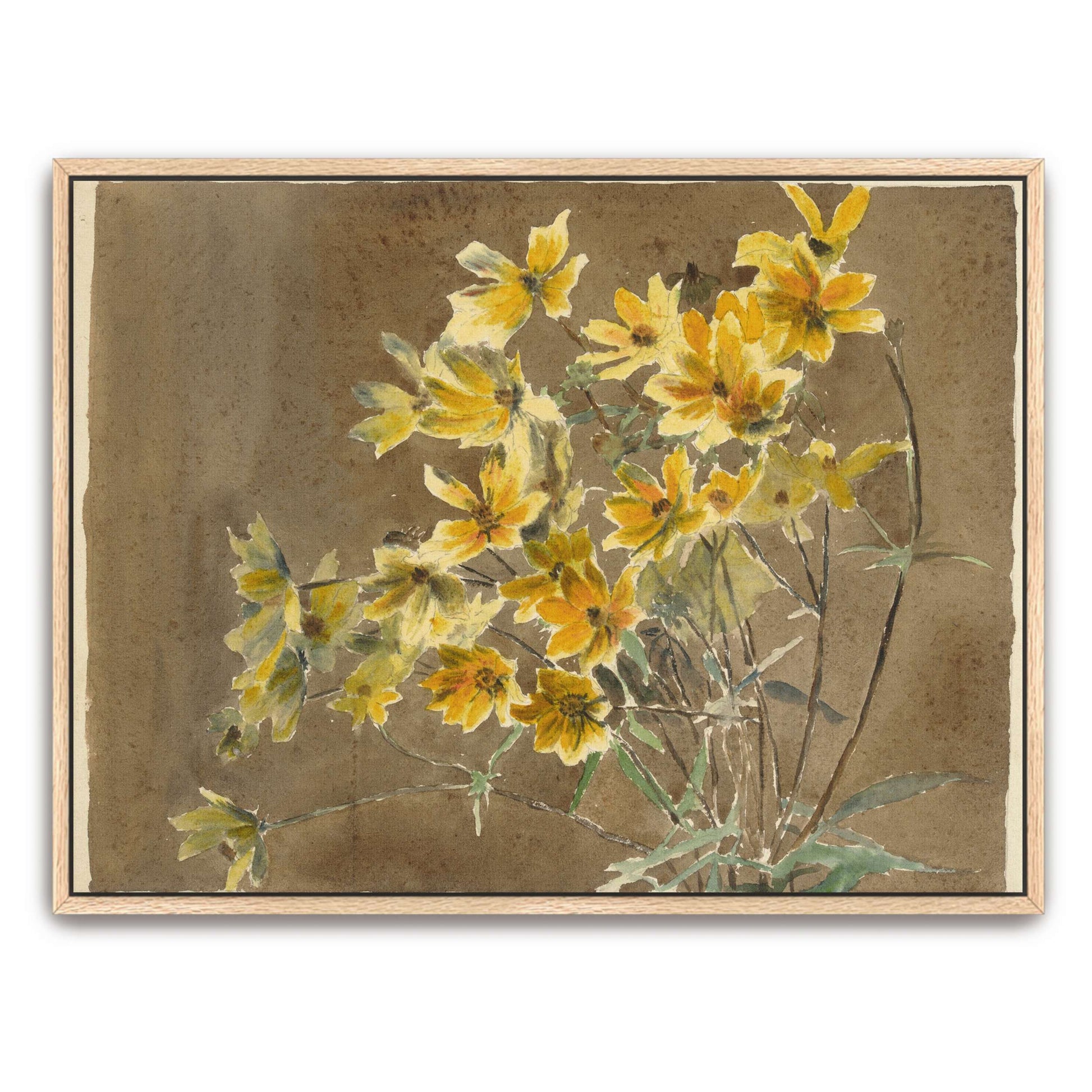 Yellow flowers on brown background by Hannah Borger Overbeck