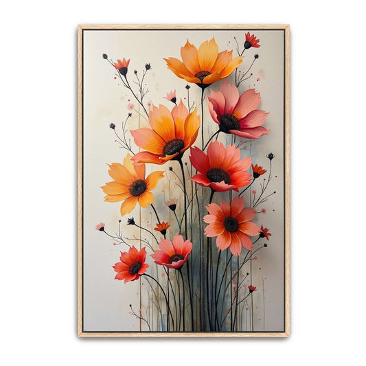 Orange and Pink Flower Bouquet Watercolor by Yara Rabibzad, natural oak framed canvas print