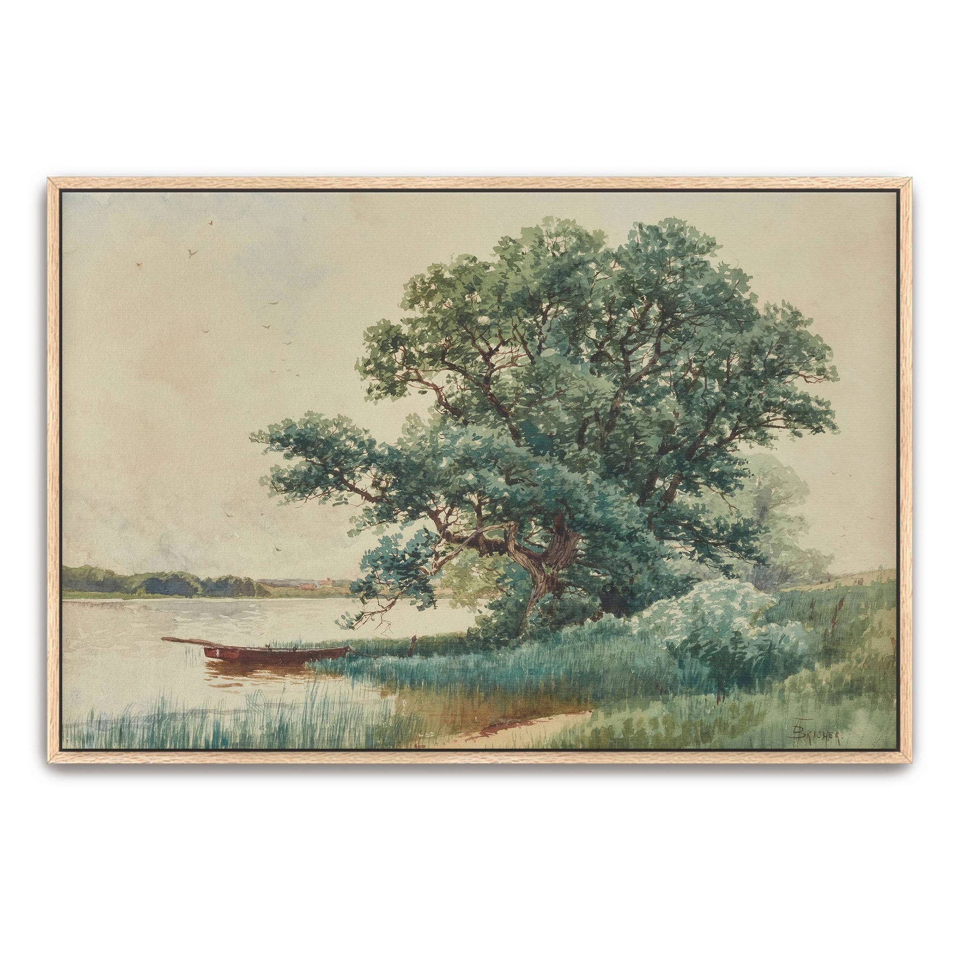 A boat on a river bank under a tree by Alfred Thompson Bricher