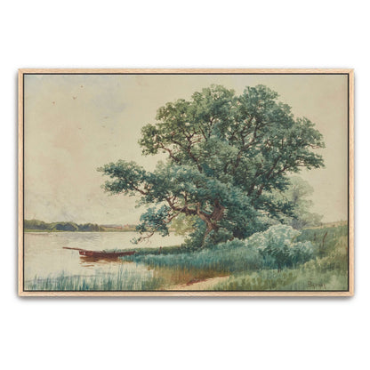 A boat on a river bank under a tree by Alfred Thompson Bricher