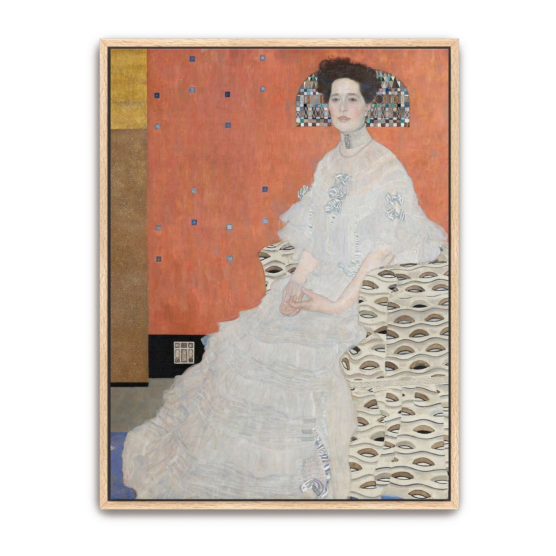 Woman in white dress seated on patterned chair by Gustav Klimt