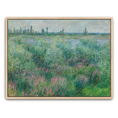 Riverbank Landscape With Green Trees And Pink Flowers By Claude Monet