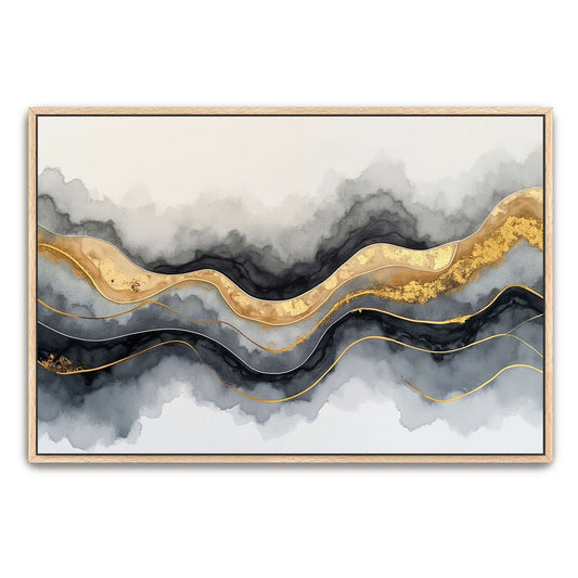 Black and White Abstract Watercolor with Gold by Yara Rabibzad, natural oak framed canvas print