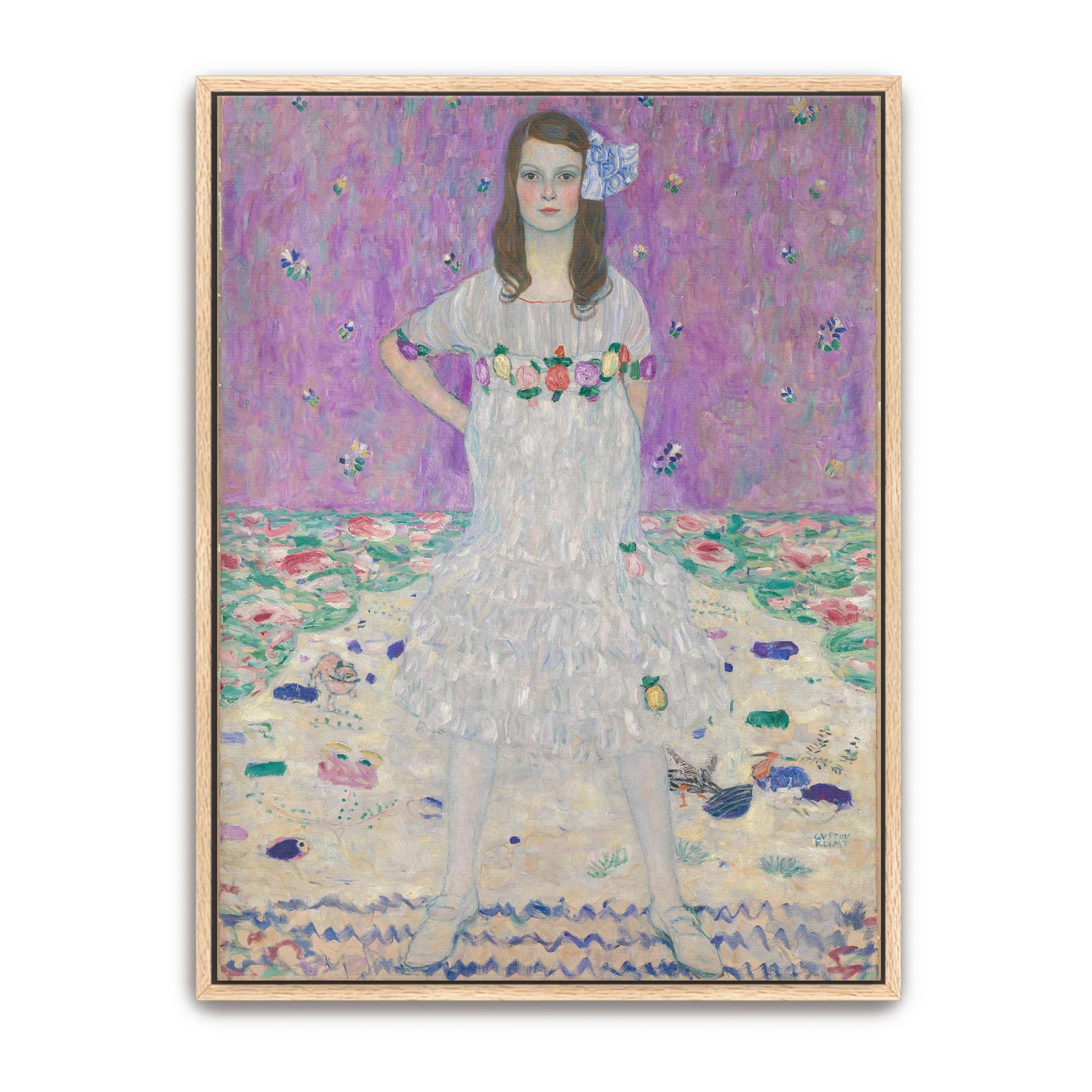 Young girl in white dress, floral background by Gustav Klimt