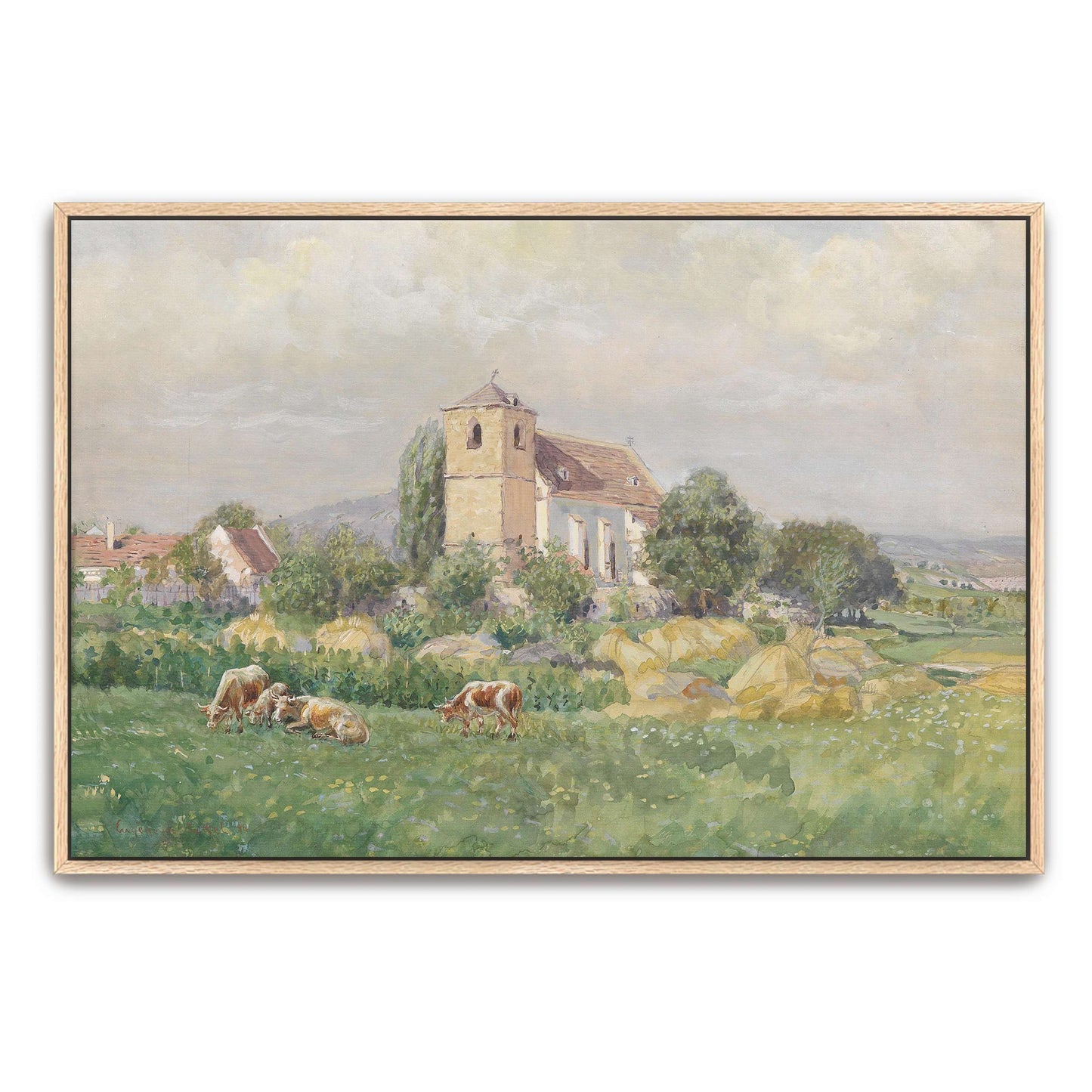 Church and cows in a field by Eugen Jettel