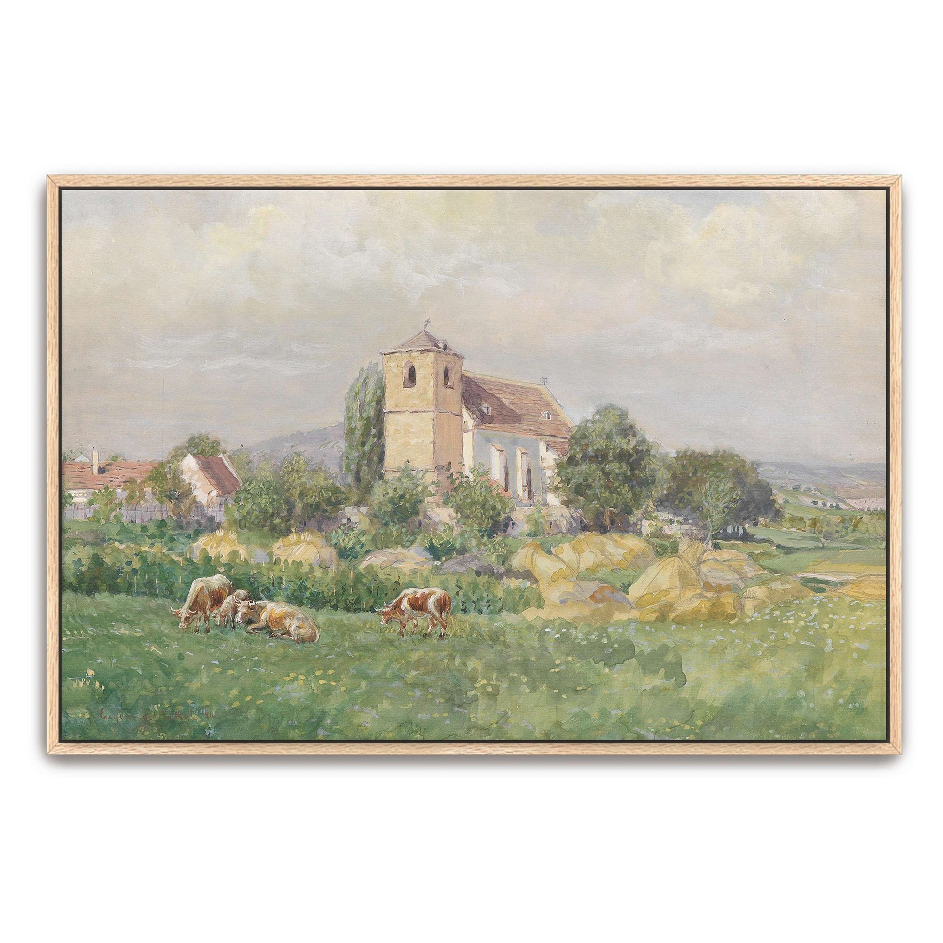Church and cows in a field by Eugen Jettel