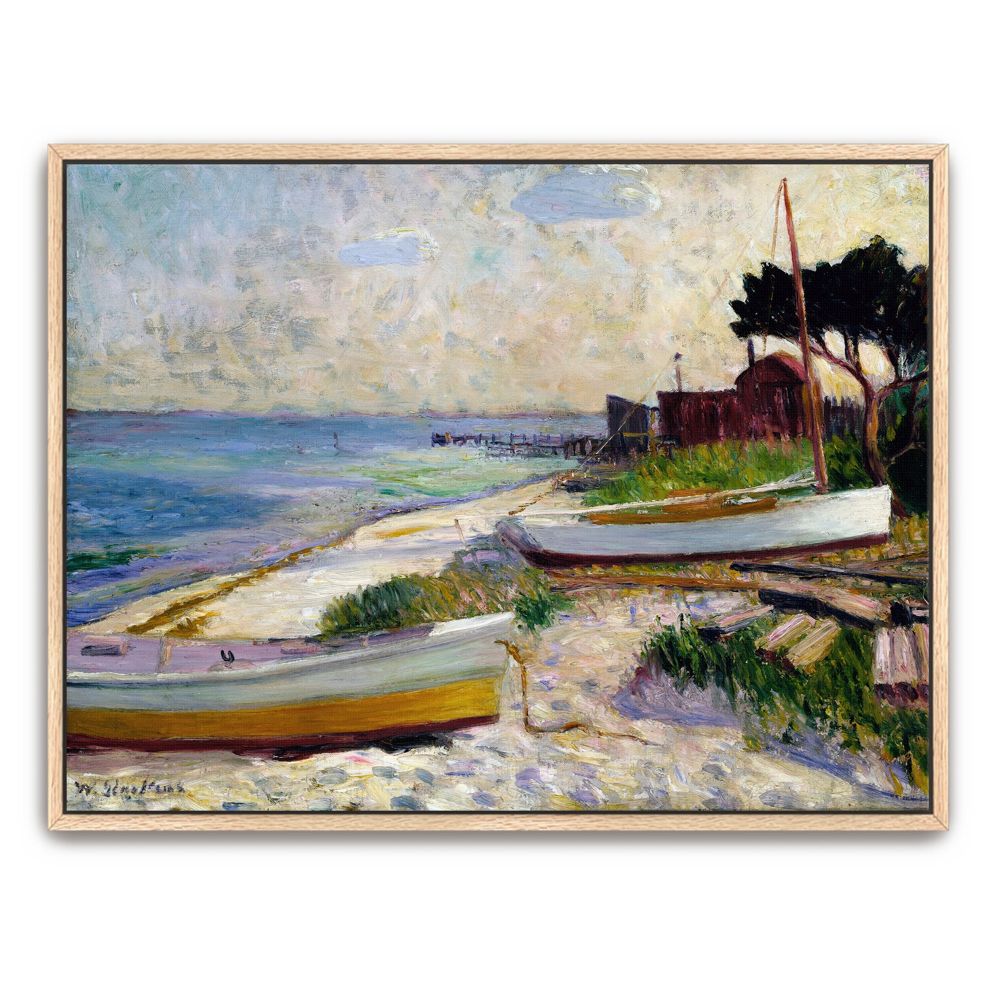 Boats On Sandy Shore With Blue Water And Lush Greenery By William James Glackens