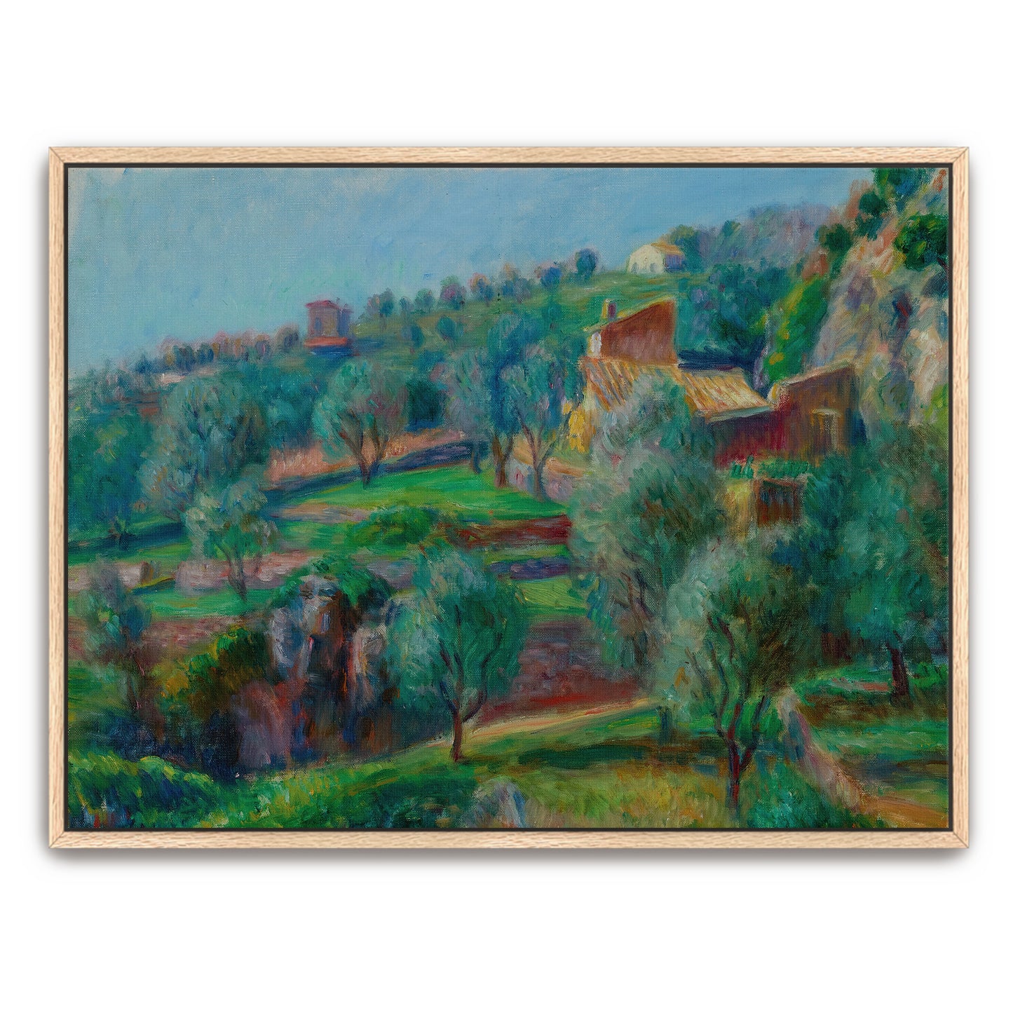 Hillside Village With Lush Green Trees And Terraces By William James Glackens