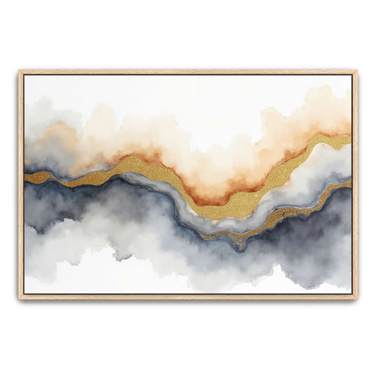 Abstract Landscape in Blue, Gray and Gold Glitter by Yara Rabibzad, natural oak framed canvas print