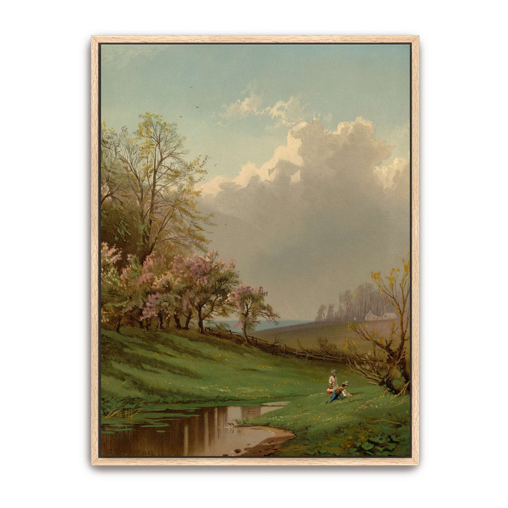 Two children by a stream in a spring landscape by Alfred Thompson Bricher