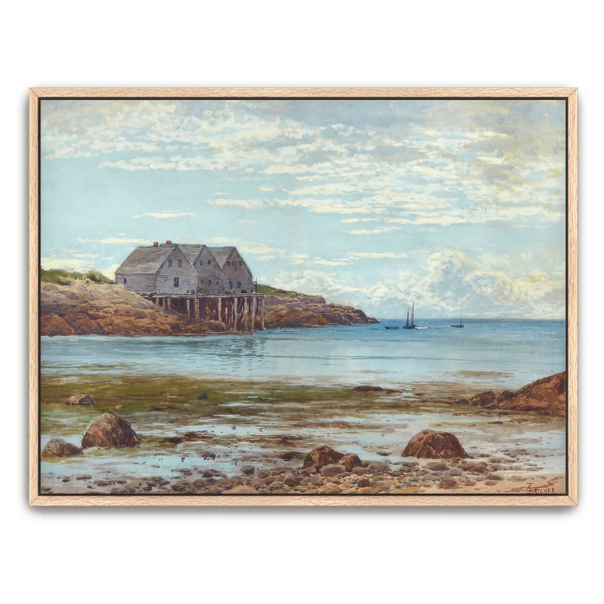 Coastal scene with houses on stilts by Alfred Thompson Bricher