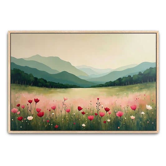Field of Flowers in Rolling Hills by Yara Rabibzad, natural oak framed canvas print